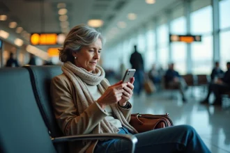 Femme française dans un salon d'aéroport moderne