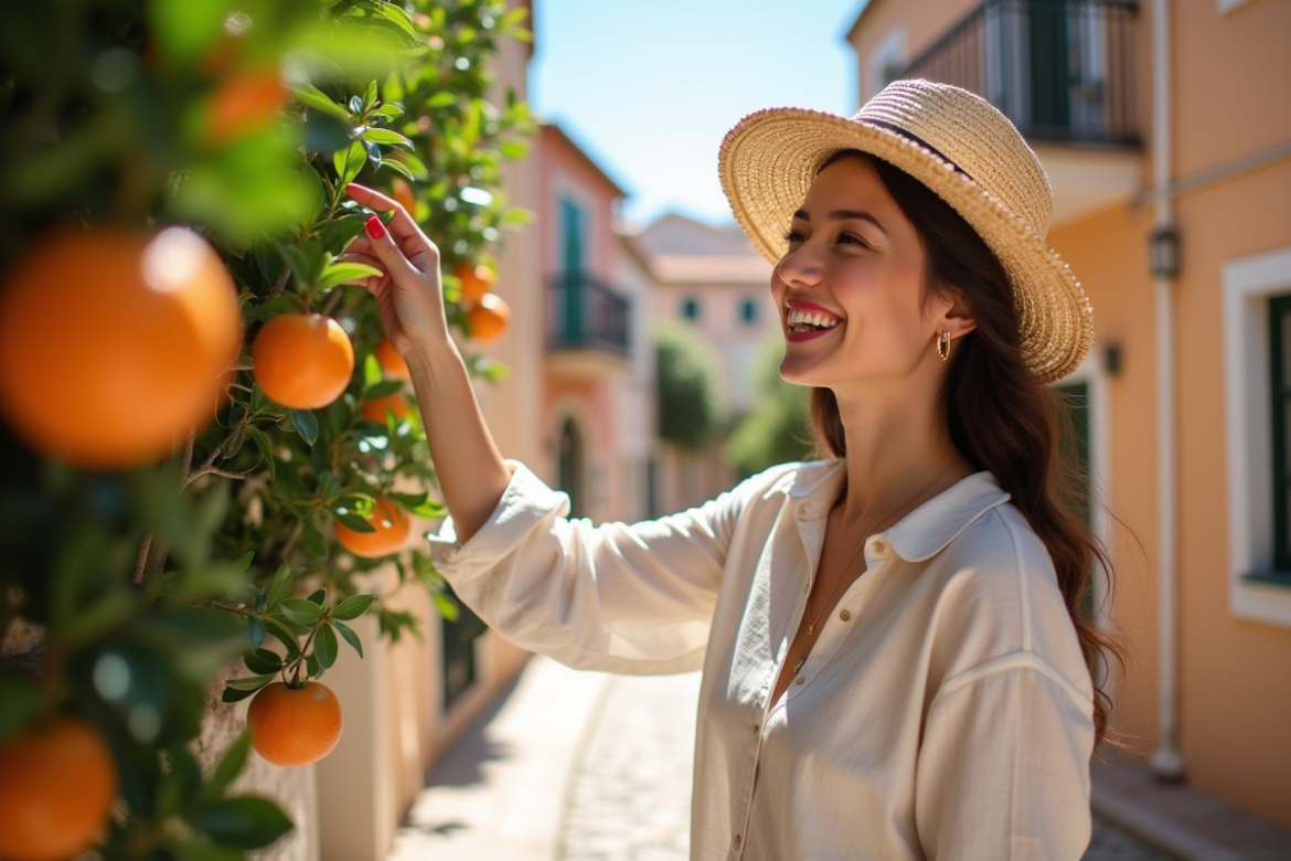 Femme souriante admirant orangers dans une ville méditerranéenne