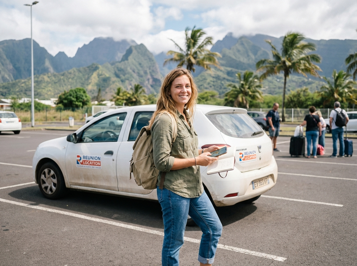 Femme souriante avec smartphone et sac à dos à l'aéroport de Réunion