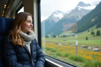 Femme souriante regardant les montagnes enneigees en Suisse
