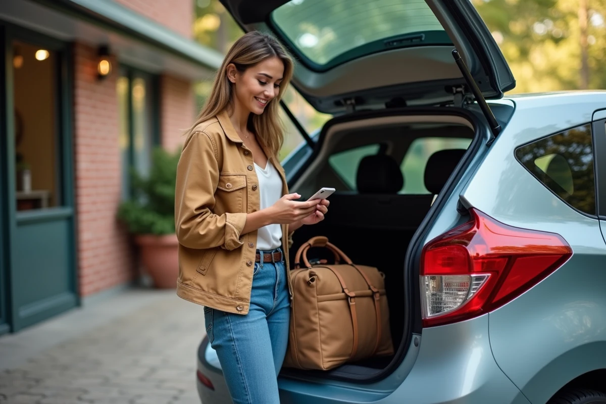 Jeune femme souriante vérifiant son téléphone près d