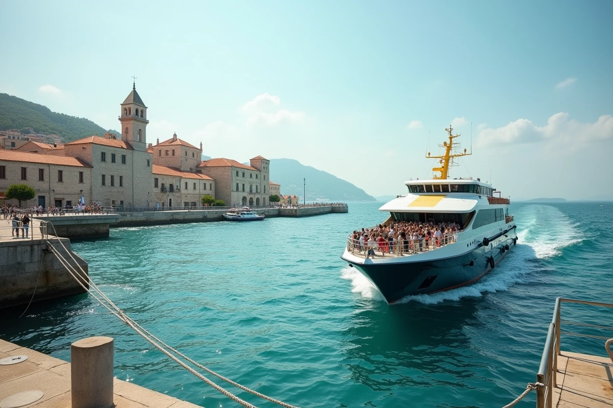 Ferry quittant le port d'Ajaccio vers la côte de Cala d'Orzu avec la vieille ville en arrière-plan