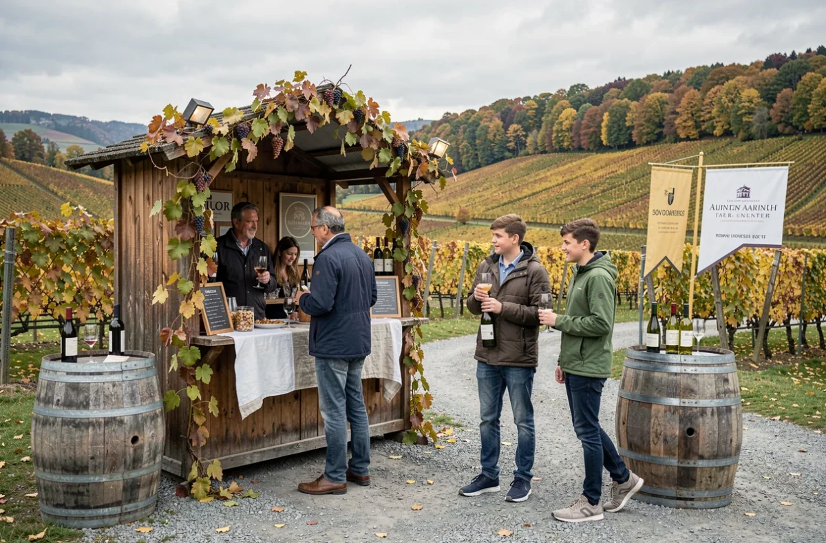 Famille dégustant du vin alsacien à un stand en bois lors d'une fête viticole en Alsace avec vignobles en arrière-plan