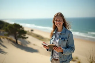 Jeune femme souriante sur la dune du Pilat avec vue sur le bassin