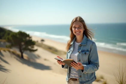 Jeune femme souriante sur la dune du Pilat avec vue sur le bassin