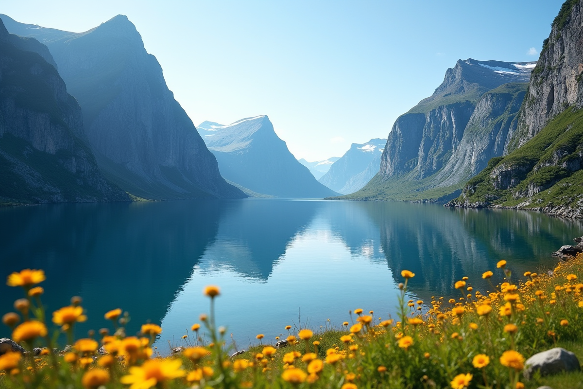 Fjords norvégiens avec eau bleue et falaises