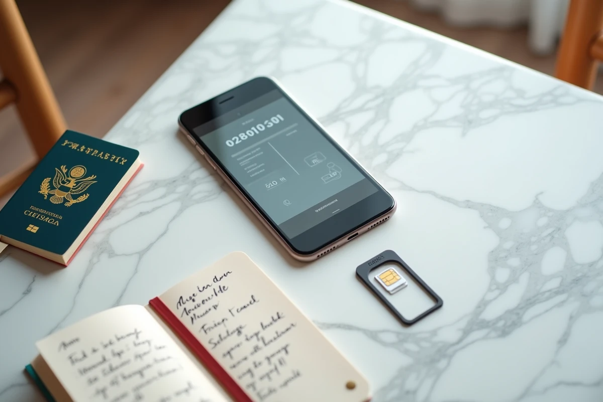 Flat lay d'un smartphone affichant les paramètres eSIM, passeport et notes de voyage, illustration d'un test détaillé de Saily