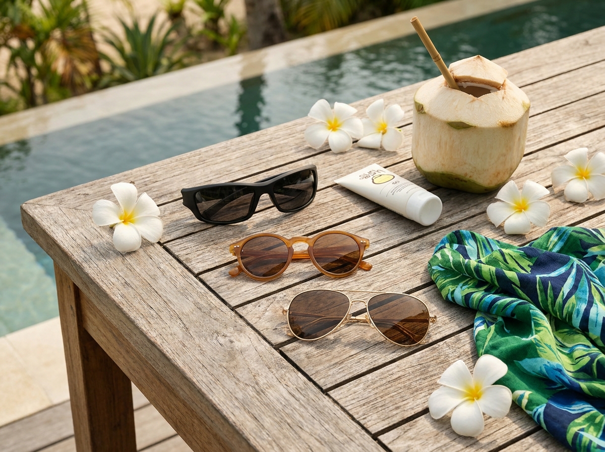 Flat lay de plusieurs paires de lunettes de soleil sur une table en teck près d'une piscine tropicale entourées d'accessoires de vacances