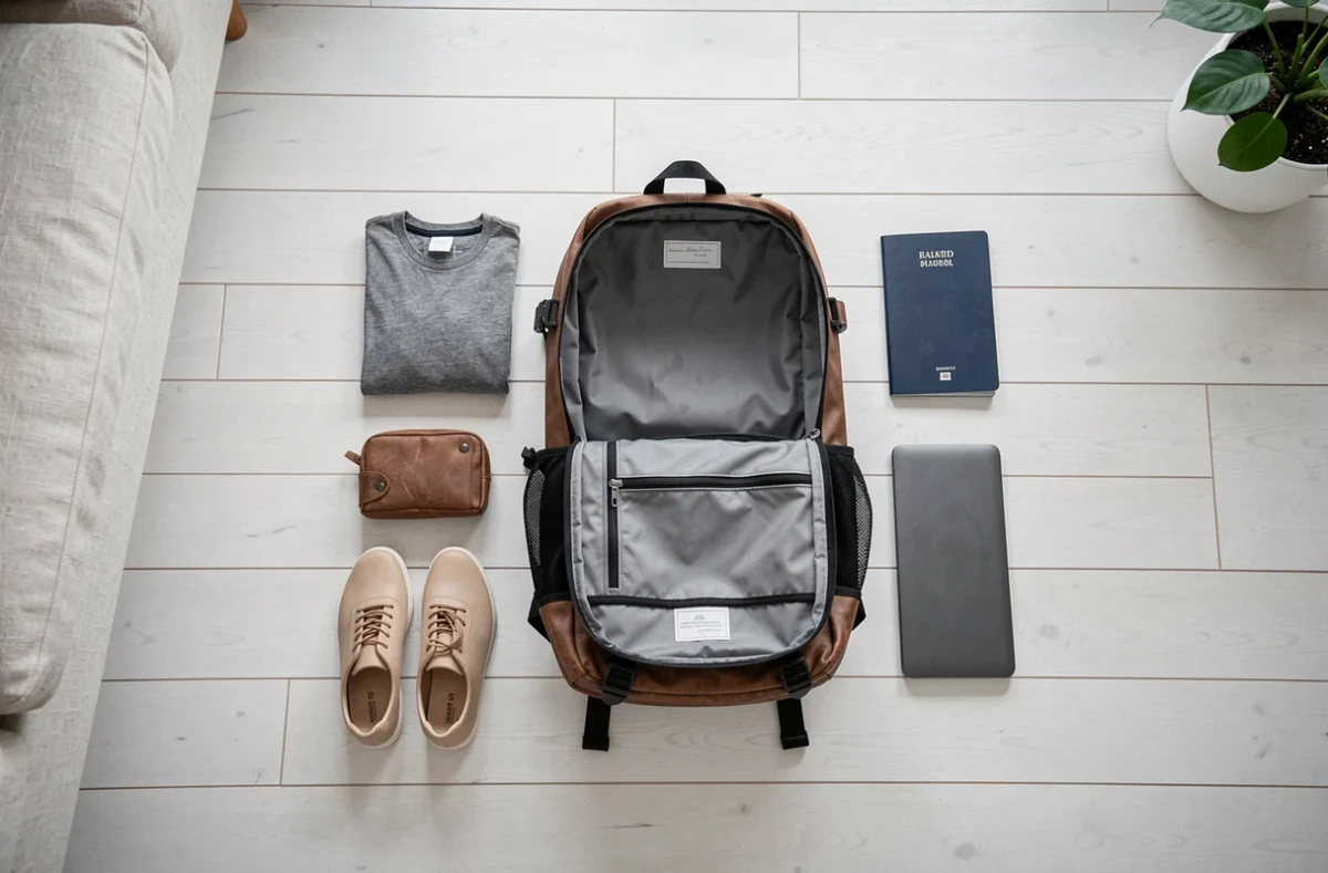 Flat lay d'un sac à dos de voyage cabine ouvert entouré d'accessoires de voyage essentiels