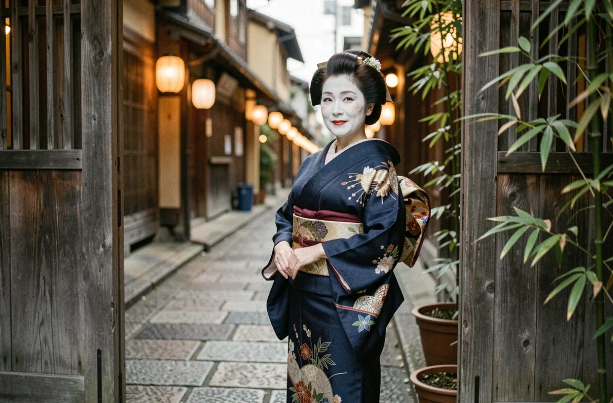Geiko senior en kimono indigo dans une ruelle pavée du quartier Gion à Kyoto, maquillage oshiroi légèrement estompé en fin de soirée
