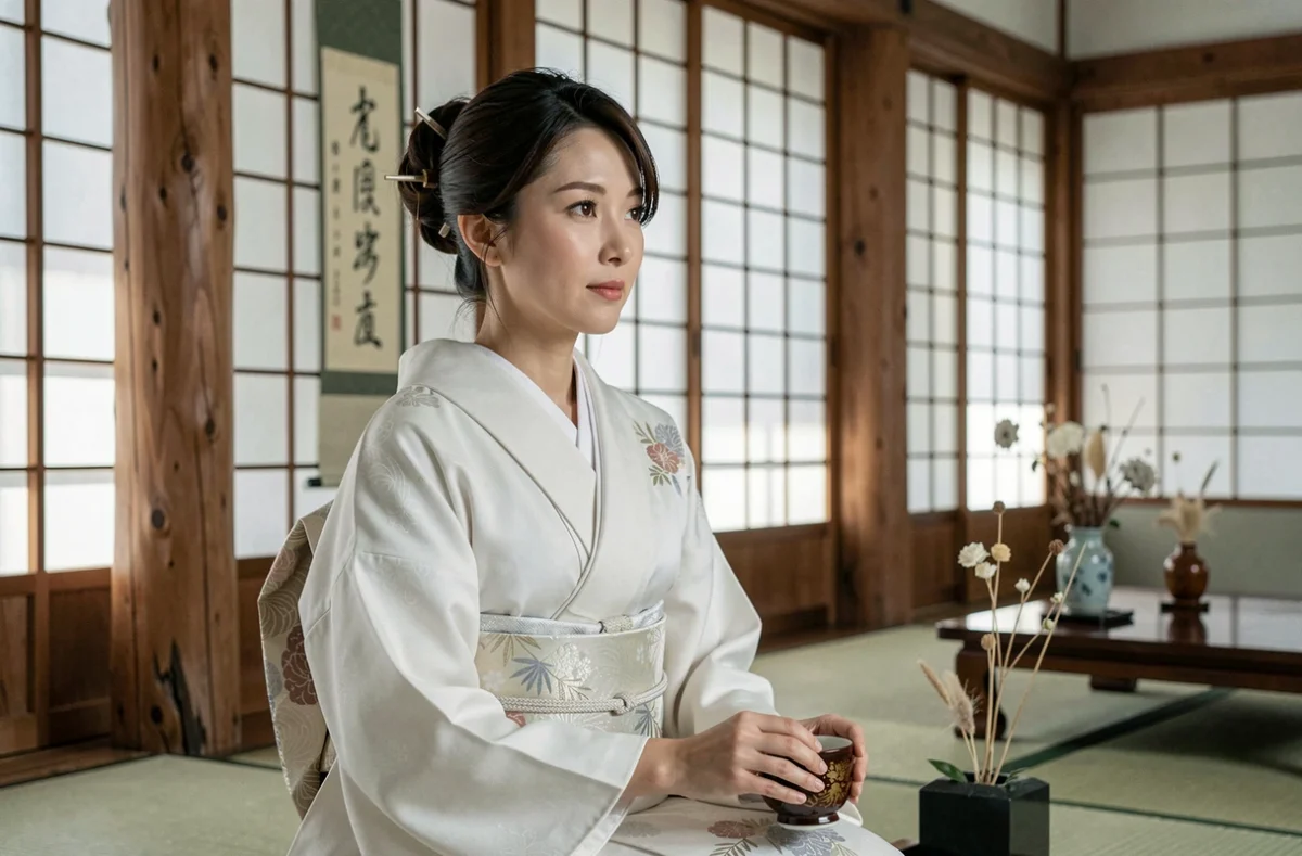 Geisha en kimono shiromuku blanc assise dans une okiya traditionnelle japonaise, regard pensif et posture cérémoniale