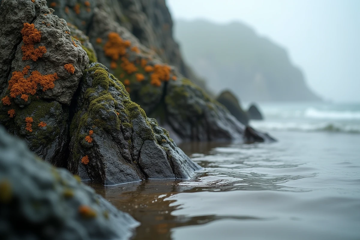 Rochers granitiques couverts de lichen et d'algues sous la brume en Finistère, détail côte bretonne
