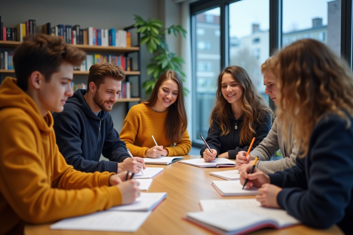 Groupe d'adolescents en étude dans un lounge moderne