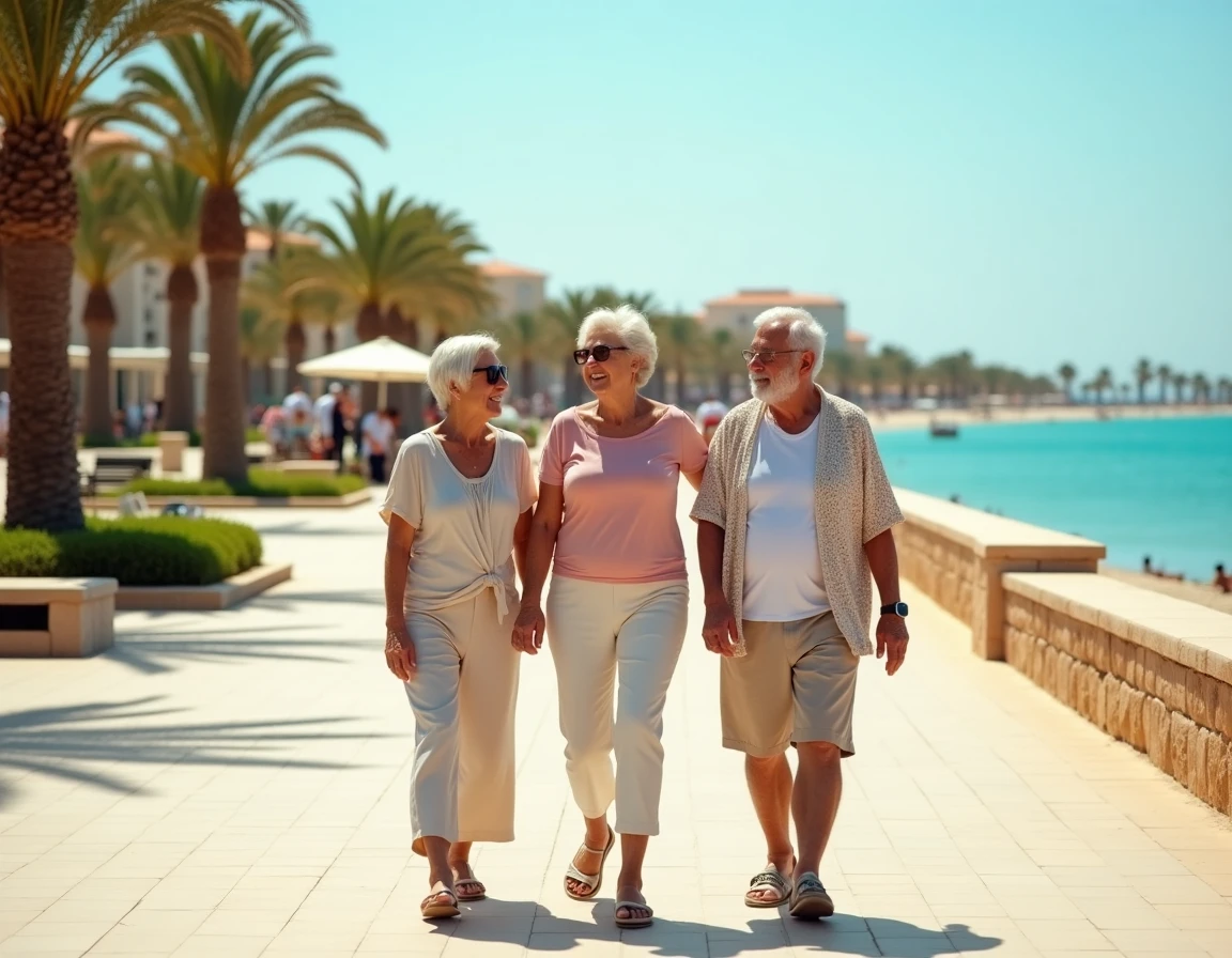 Groupe de seniors se promenant sur la promenade maritime de Hammamet en Tunisie, station balnéaire calme et bien aménagée