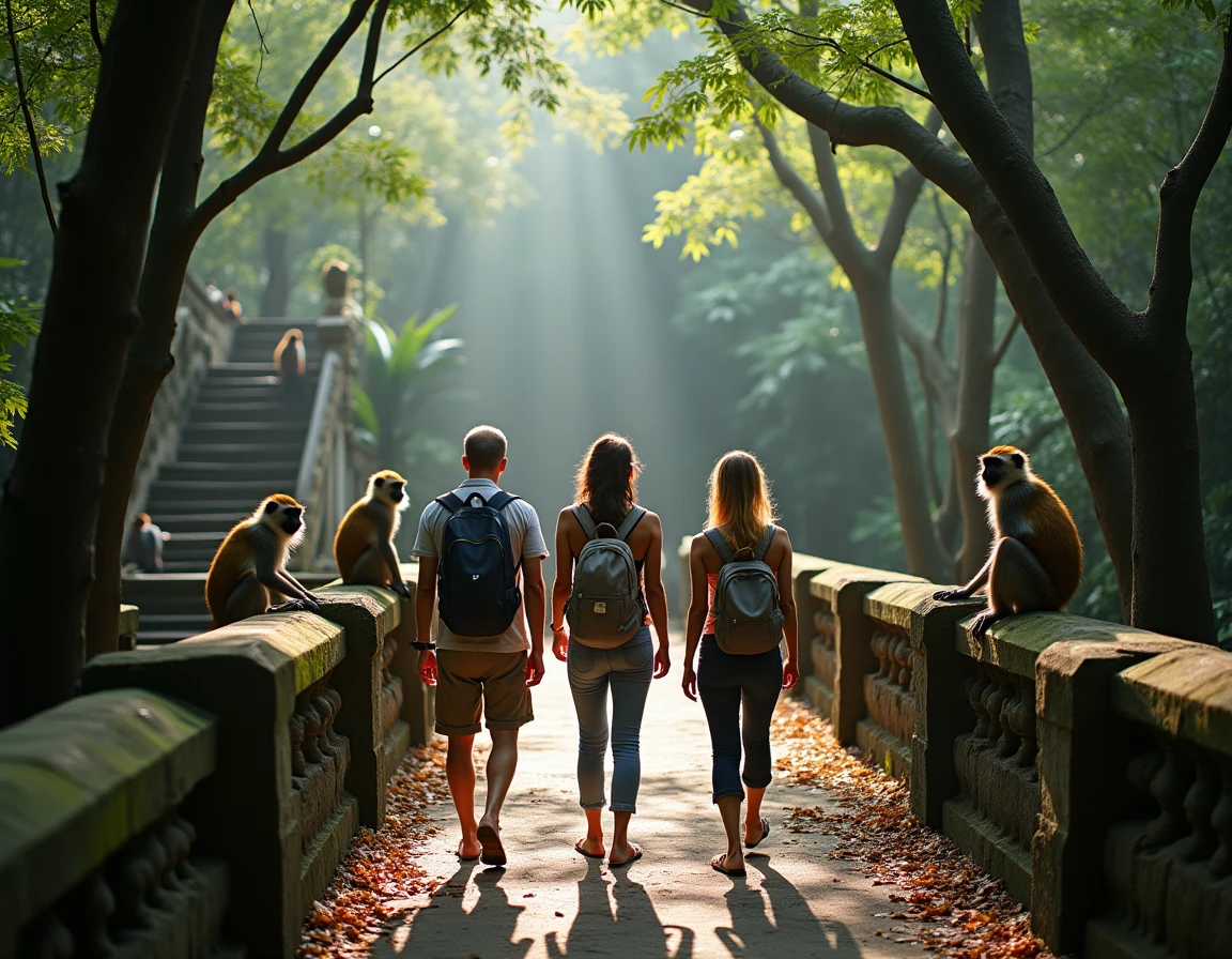 Groupe de touristes se promenant parmi les singes macaques sur le sentier forestier de la Monkey Forest d'Ubud