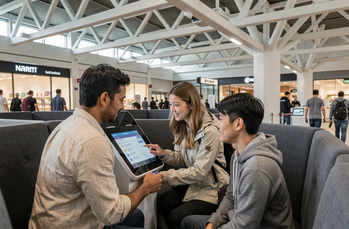 Groupe de voyageurs internationaux utilisant une borne d'enregistrement numérique en libre-service à l'aéroport de Narita Tokyo NRT