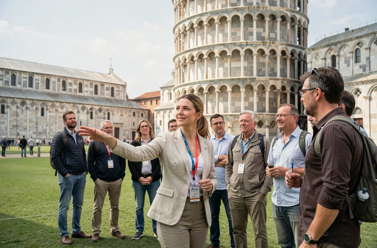 Guide touristique professionnelle expliquant l'histoire de la tour de Pise à un groupe de visiteurs adultes