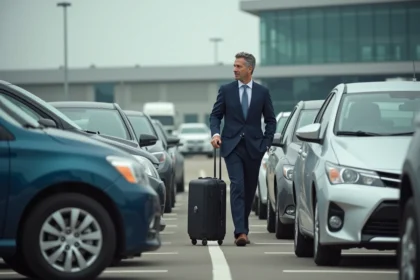 Homme d'affaires avec valise devant voiture de location à l'aéroport