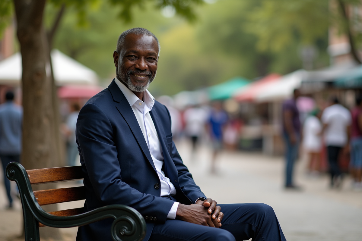 Homme africain en costume dans une place urbaine animée