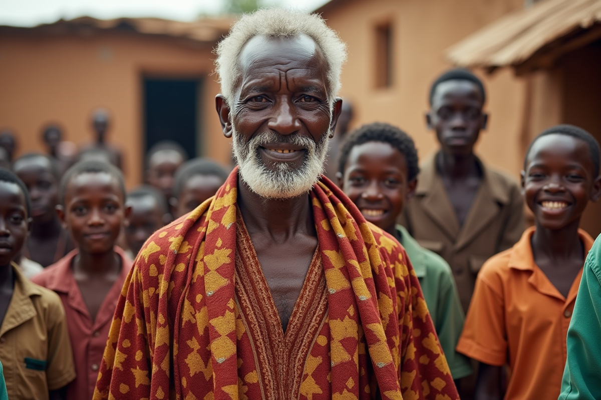 Homme africain âgé en robe traditionnelle dans un village