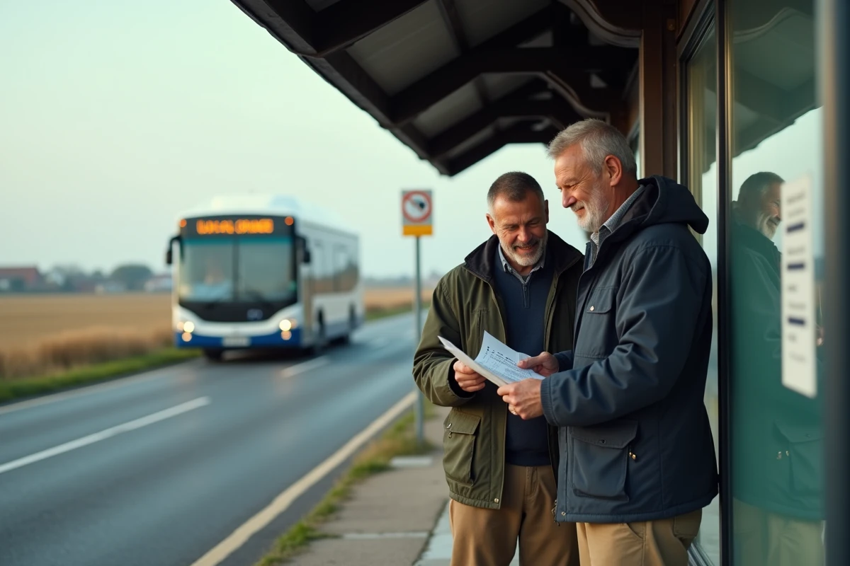 Homme discutant près d’un abri de bus rural en campagne