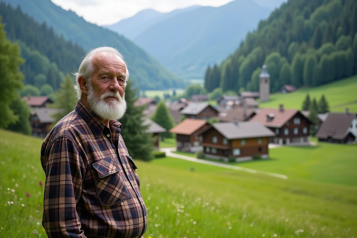 Homme bavarois âgé dans un paysage de prairie verte