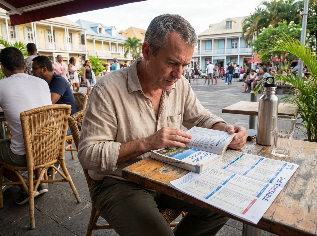 Homme lisant un guide dans un café à SaintDenis