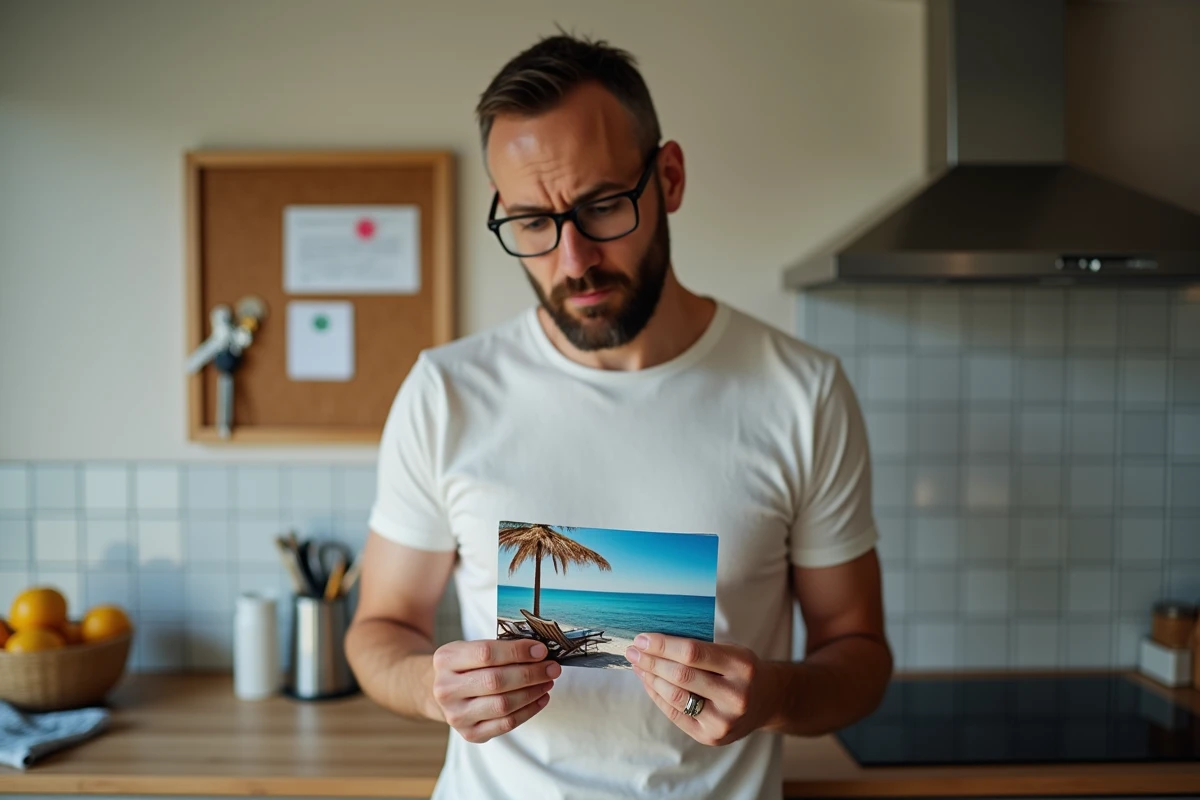 Homme lisant une carte postale de vacances avec une expression perplexe dans une cuisine moderne
