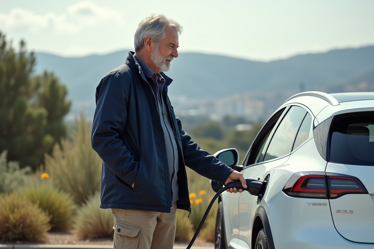 Homme branchant une voiture électrique dans un parking naturel