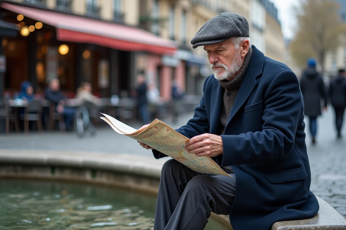 Homme âgé regardant une carte à Place de la République