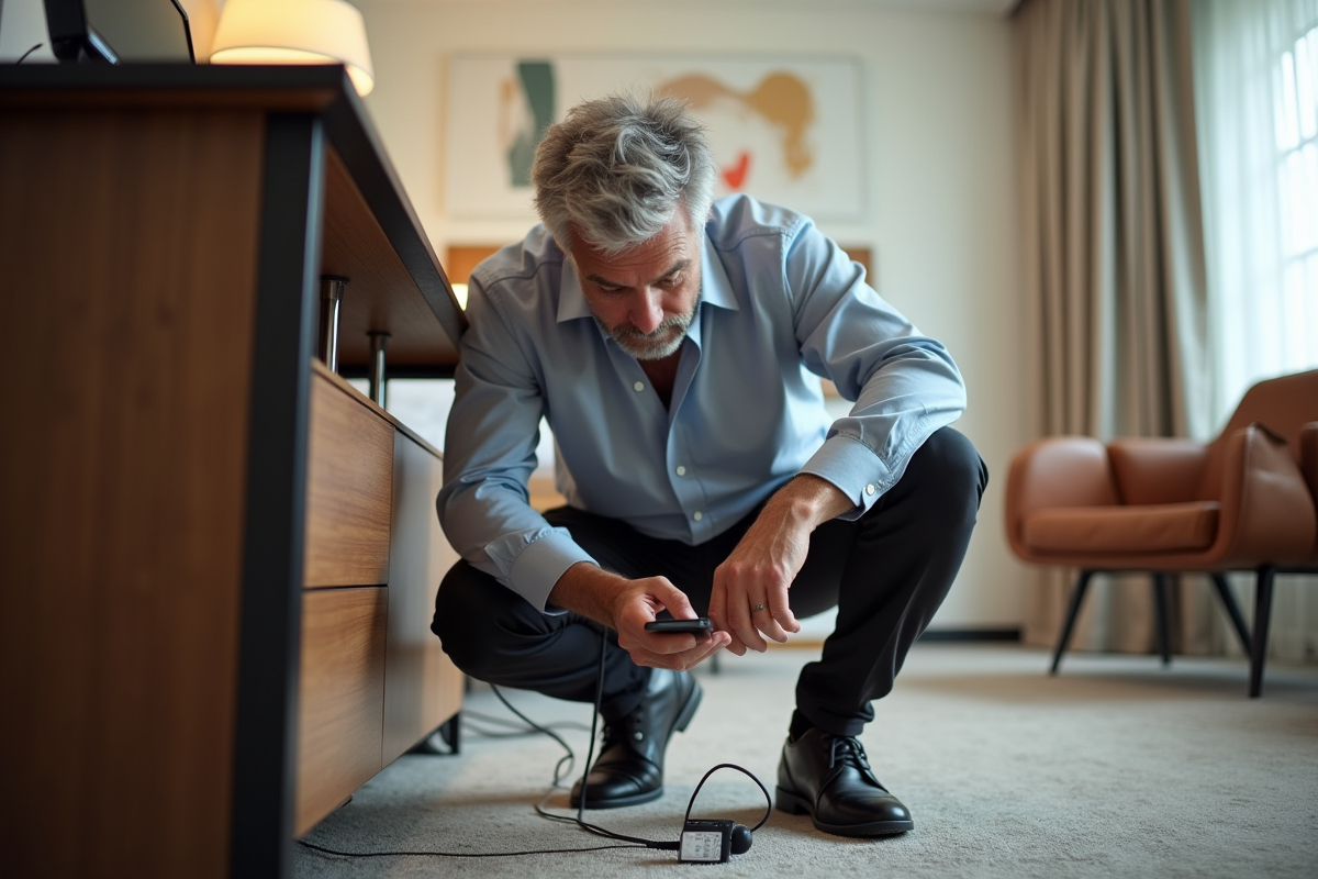 Homme vérifiant une prise électrique dans une suite d