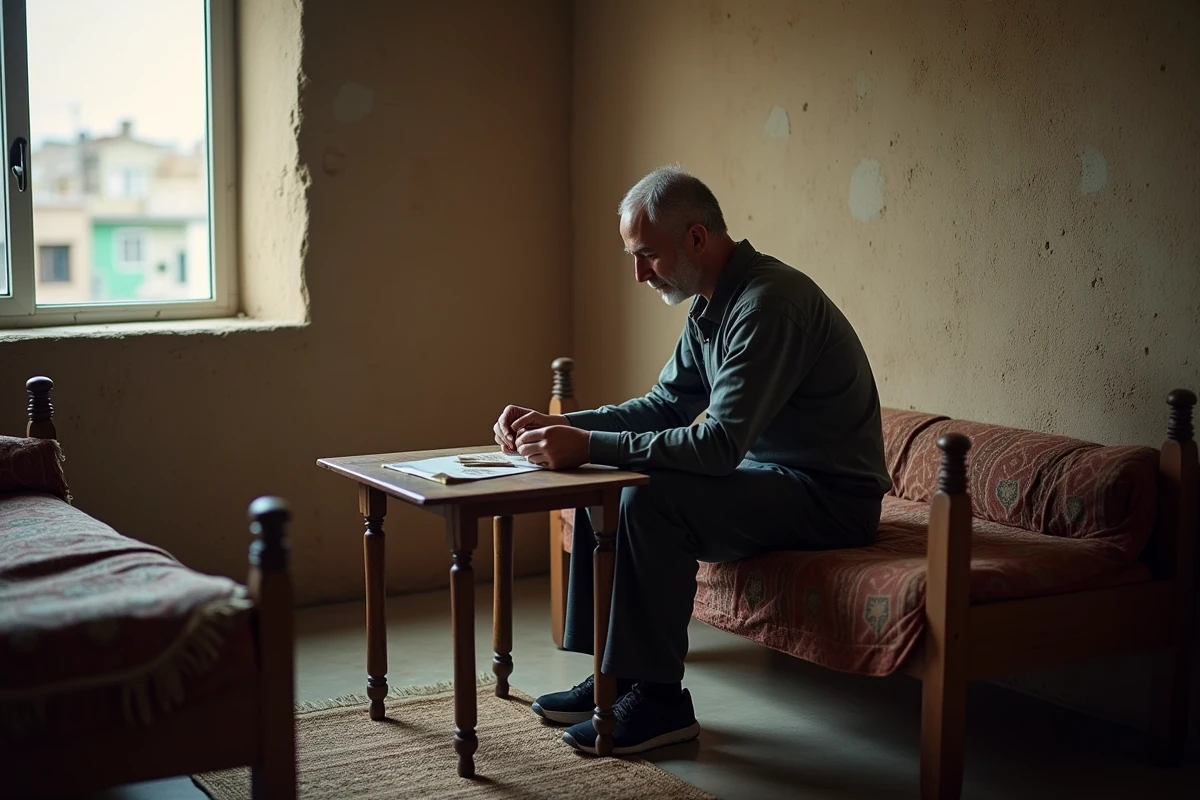 Homme iranien comptant des billets dans une chambre modeste