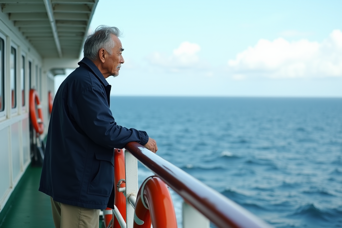Homme japonais regardant l'horizon en mer