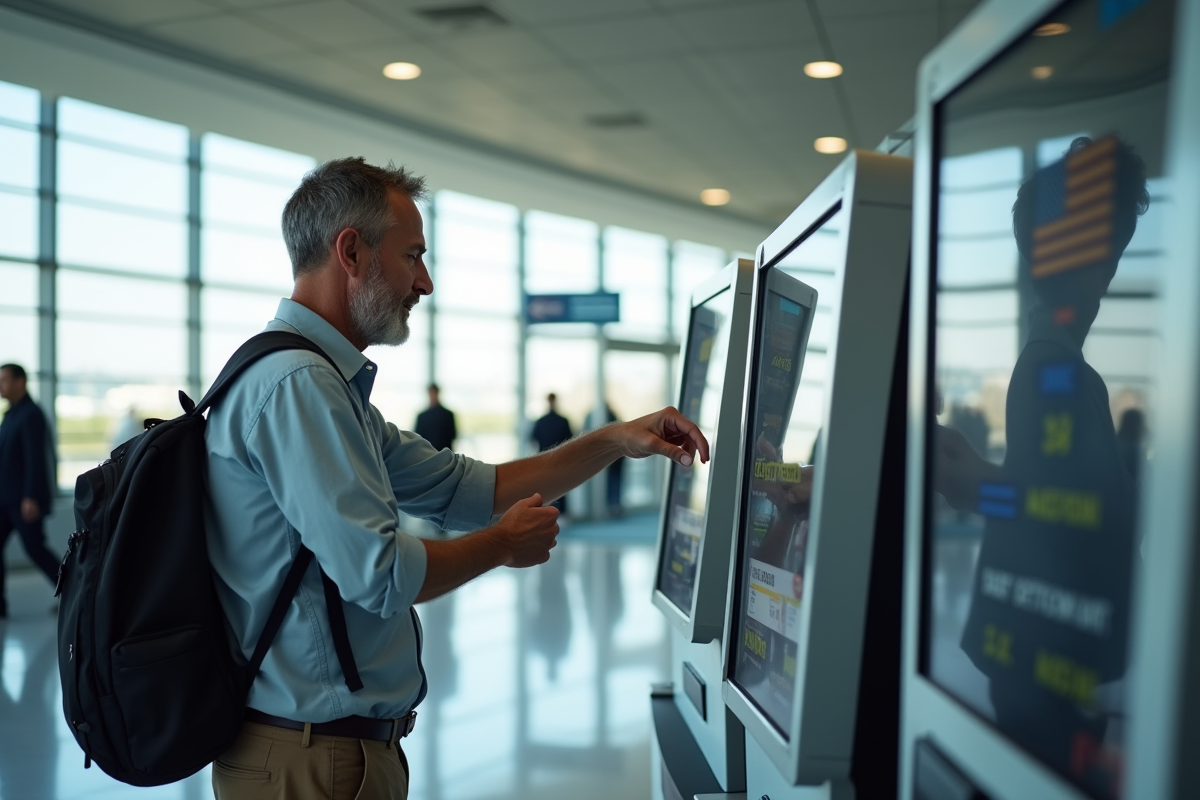 Homme comparant les prix sur un kiosque à l