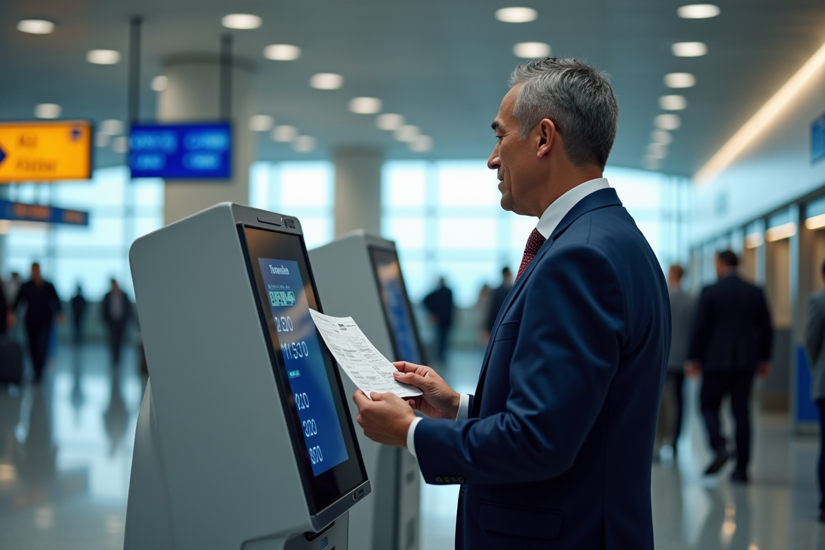 Homme en costume vérifiant son billet à un kiosque d