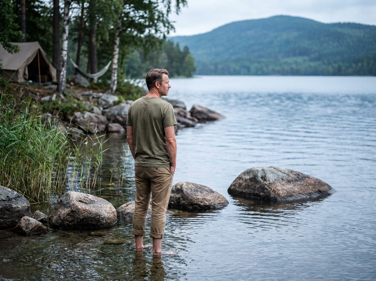 Homme debout dans l'eau d'un lac cristallin entouré de rochers granitiques, tente et hamac visibles sur la rive boisée