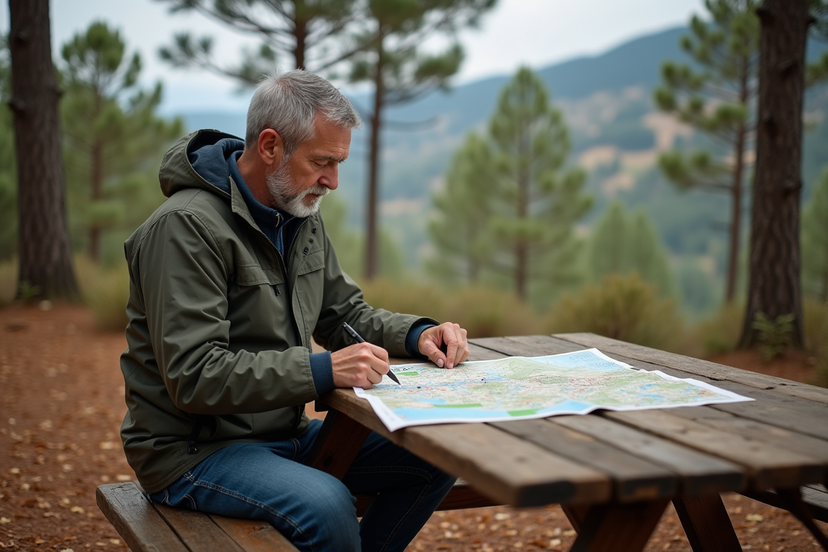 Homme avec carte dans forêt de pins en Corse