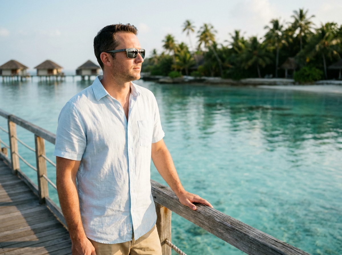 Homme portant des lunettes de soleil polarisées sur un ponton en bois au-dessus d'un lagon tropical avec bungalows sur pilotis en arrière-plan