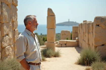 Homme maltese devant le temple de Hagar Qim
