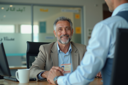 Homme marocain remet sa carte d'identité à un officiel dans un bureau moderne
