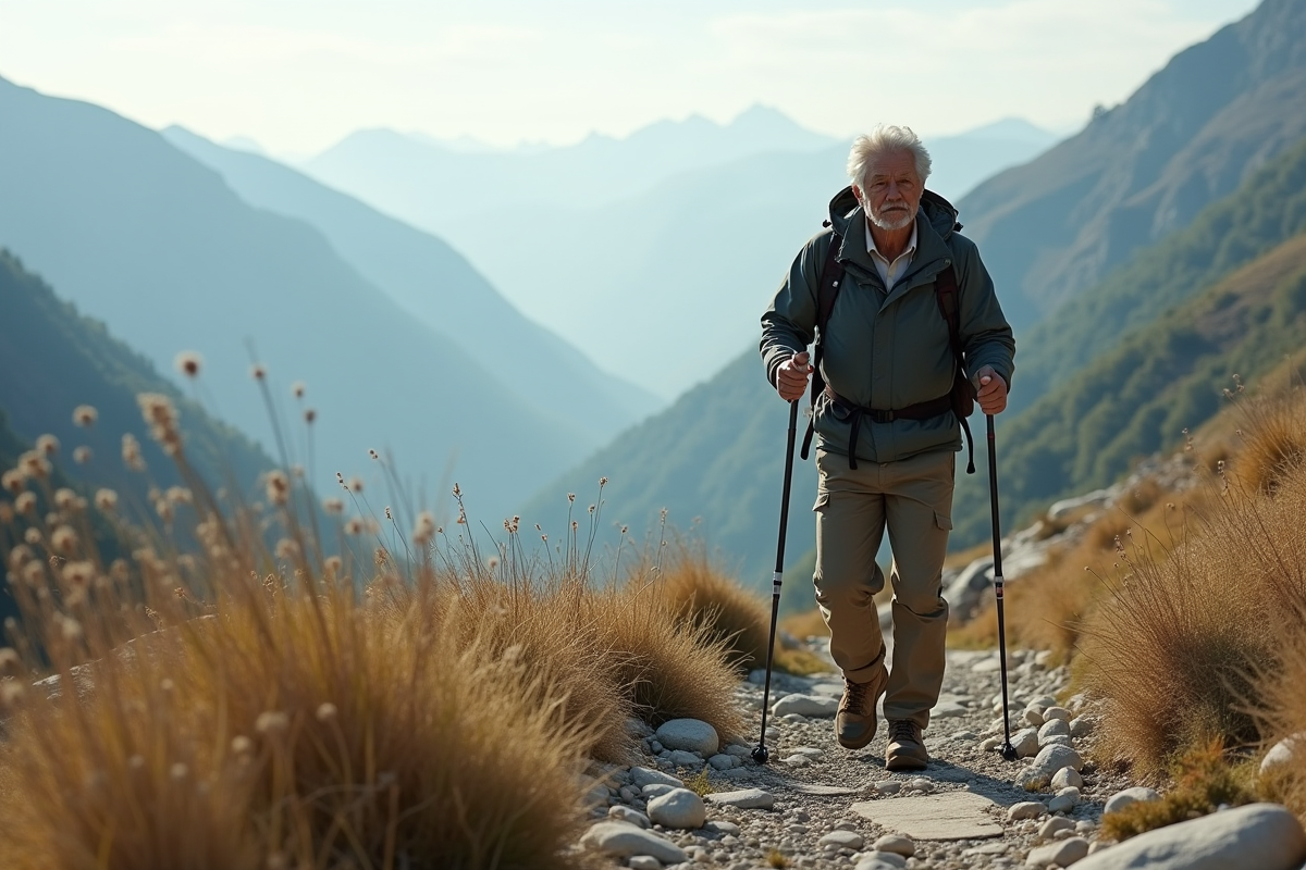 Homme en marche avec bâtons de trekking en montagne