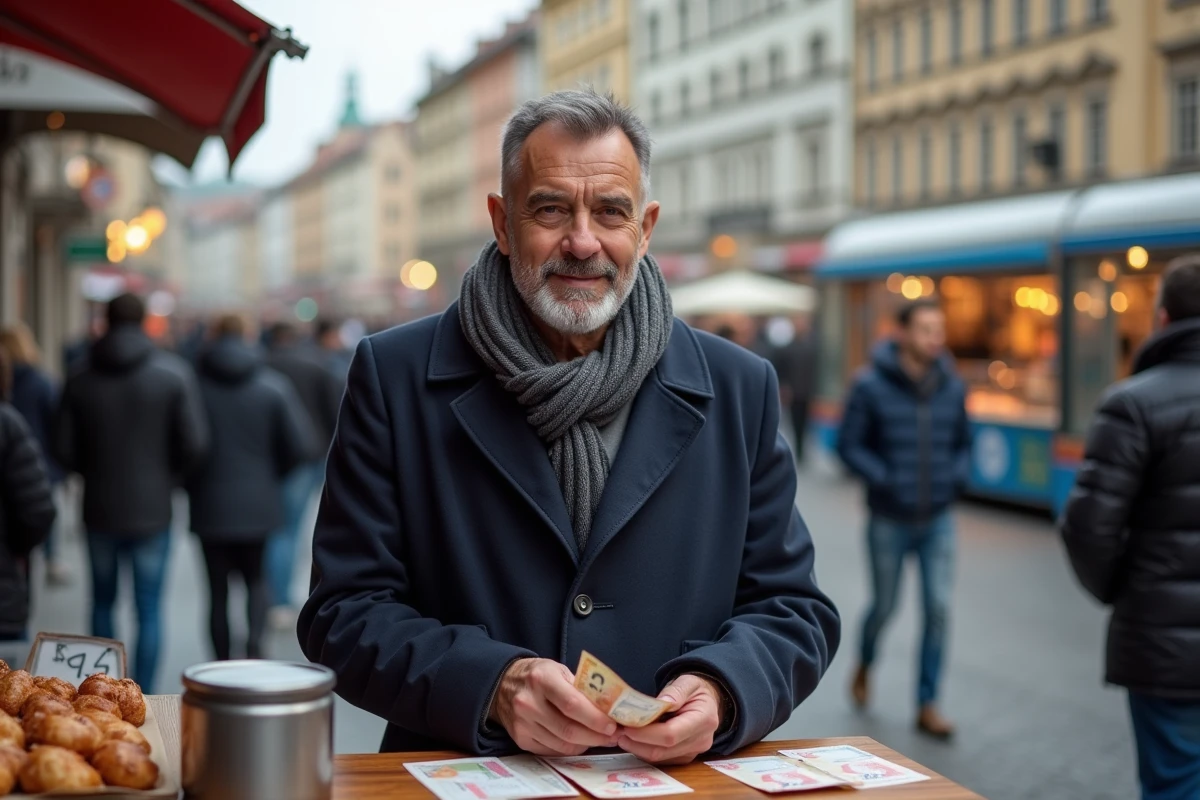 Homme comptant des billets de couronne tchèque devant une pâtisserie