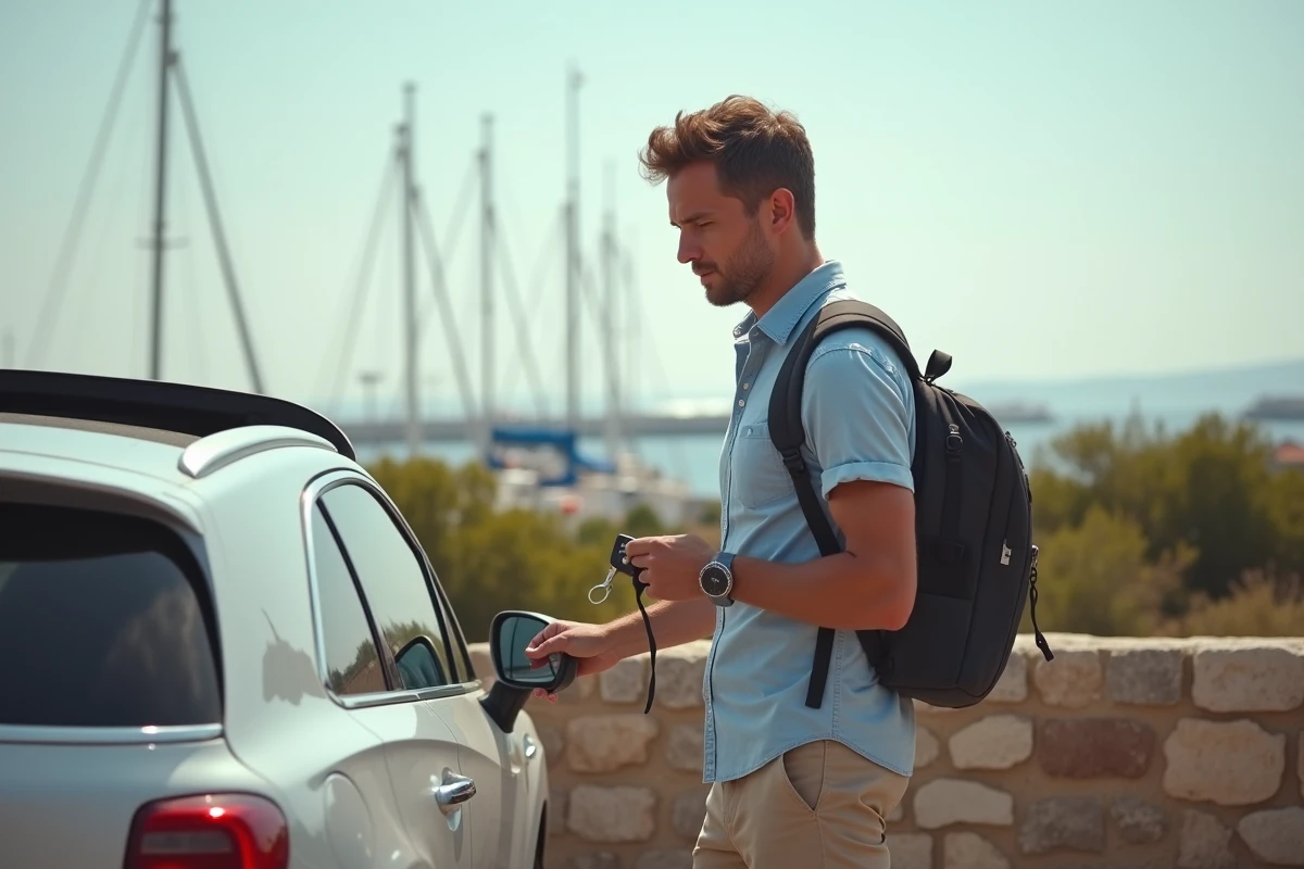 Homme verrouillant sa voiture dans un parking sécurisé en bord de mer à Hyères avant de prendre le ferry pour Porquerolles