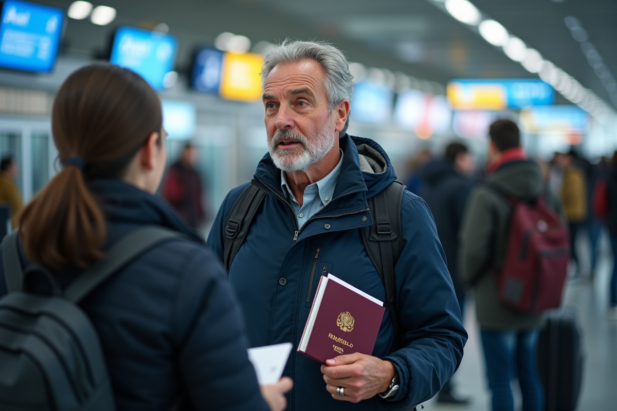 Homme avec passeport et dossier de visa à l