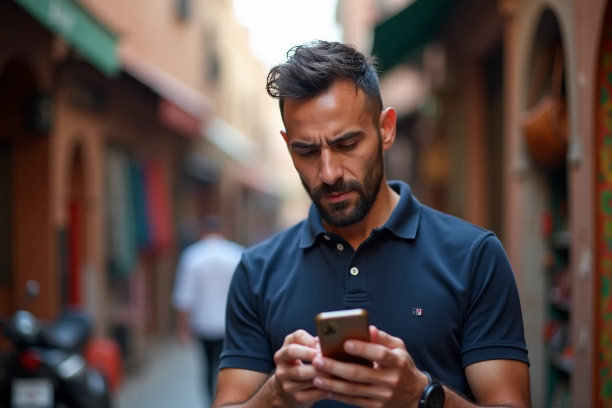 Homme vérifiant la couverture réseau de son opérateur mobile à l'entrée d'un souk de Fès au Maroc