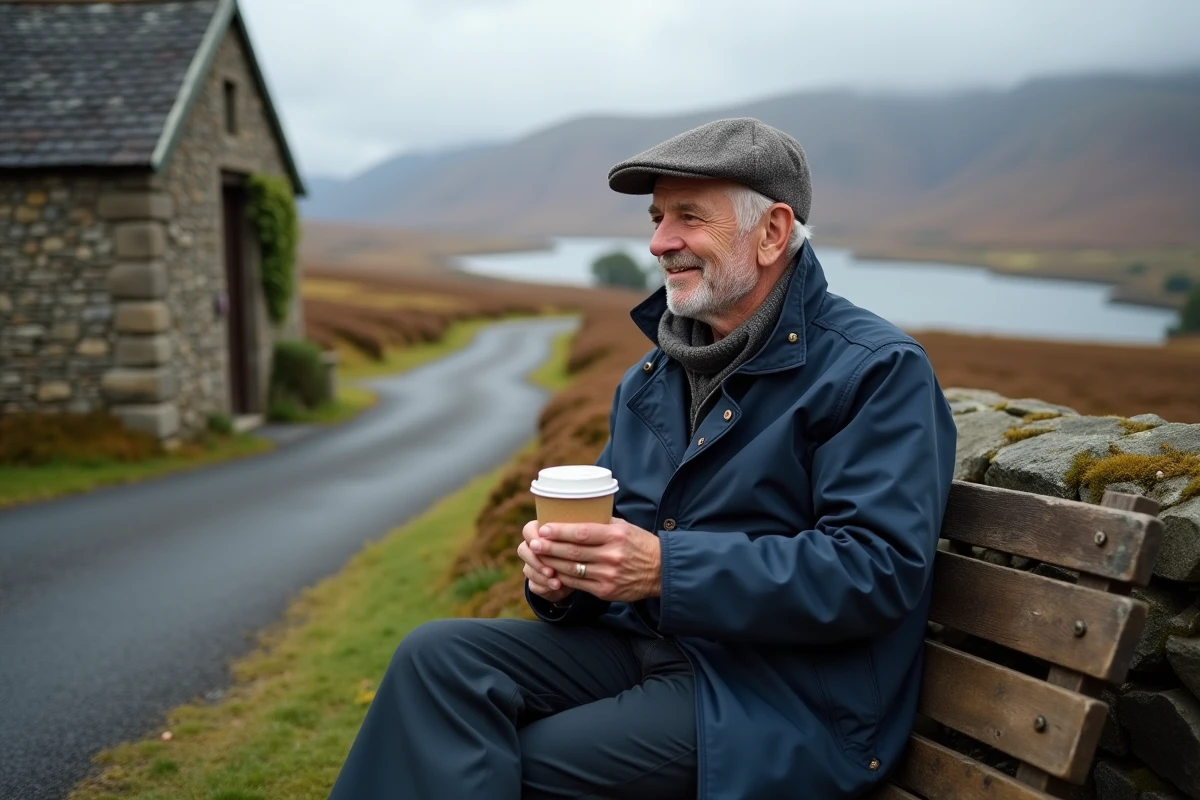 Homme âgé sirotant un café devant un cottage dans les Highlands