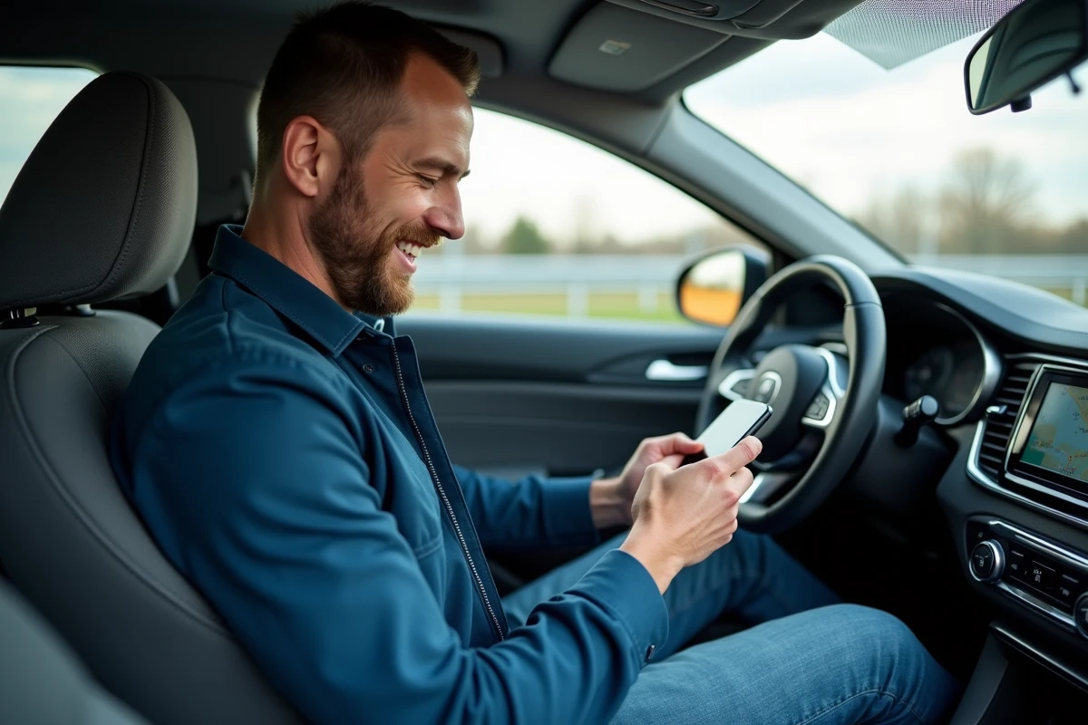 Homme dans sa voiture utilisant une application mobile