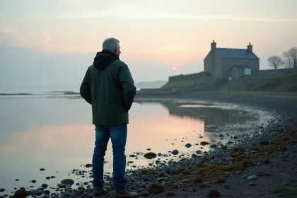 Homme en veste verte au lever du jour à Saint Cado