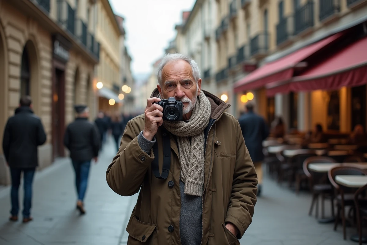 Homme âgé prenant une photo dans une rue animée européenne