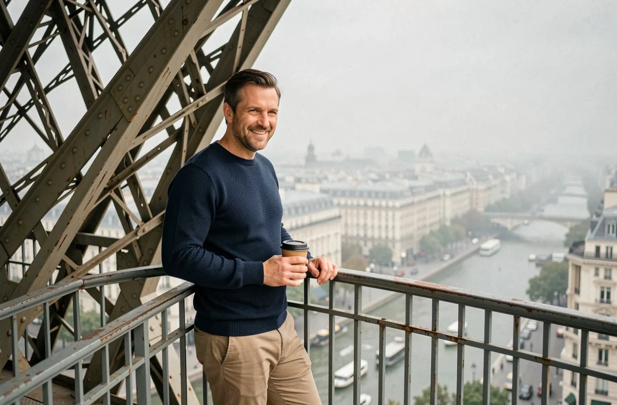Homme souriant appuyé contre la rambarde en fer forgé de la Tour Eiffel avec vue sur Paris et la Seine en contrebas
